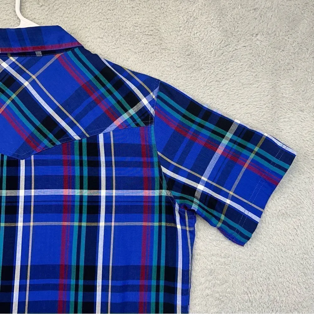 High Noon Pearl Snap Shirt‎ Mens Medium Blue Plaid Western Cowboy Farmer Ranch